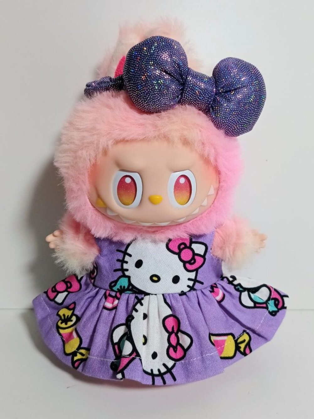 Custom Hello Kitty Dress and Metallic Bow Made to fit Labubu